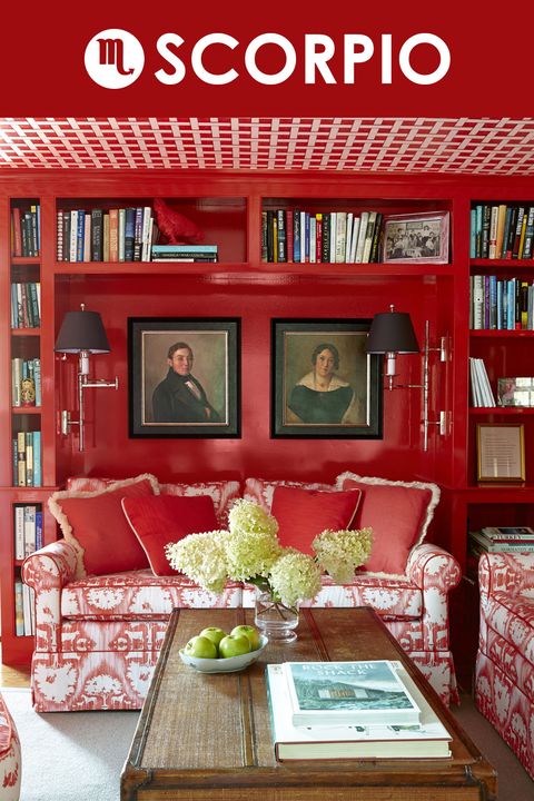 Room, Interior design, Shelf, Red, Living room, Furniture, Table, Shelving, Interior design, Home, 