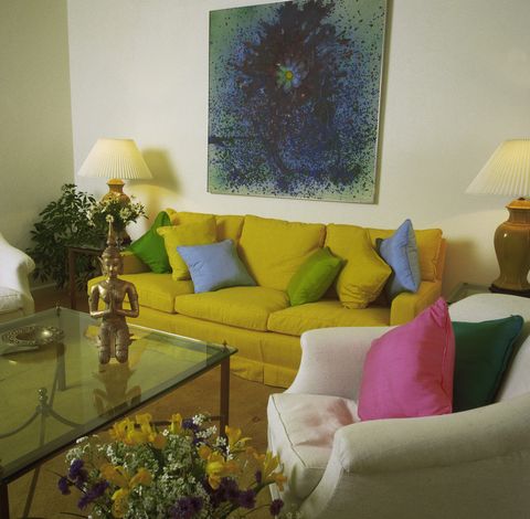 Green, Room, Yellow, Interior design, Living room, Furniture, Wall, Home, Lamp, Couch, 