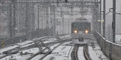 Winter, Transport, Track, Railway, Rolling stock, Freezing, Automotive lighting, Snow, Electricity, Train, 