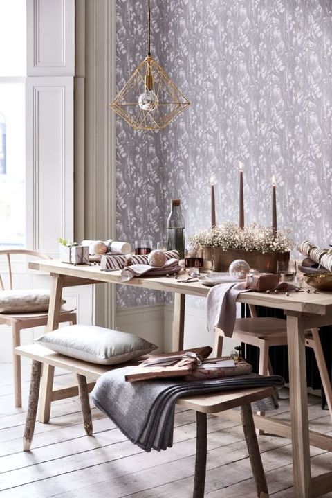 Style inspiration: starry, starry night. Pinks, greys, wood and burnished metallics. Christmas room decorating ideas