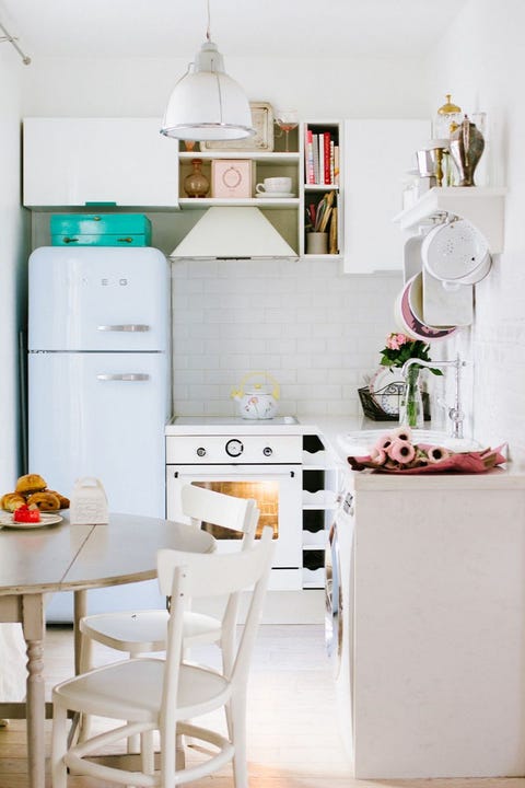 Room, White, Major appliance, Furniture, Kitchen appliance, Kitchen, Cabinetry, Home appliance, Cuisine, Dishware, 