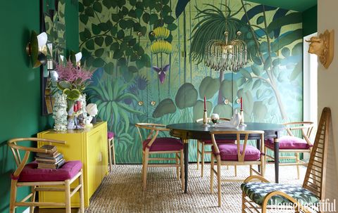 dining room with jungle mural