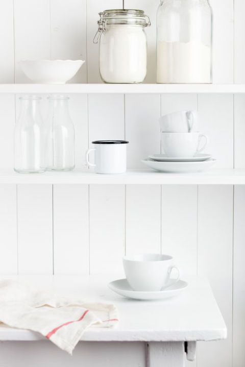 Shelf, White, Shelving, Furniture, Room, Dishware, Material property, Table, Cup, Tile, 
