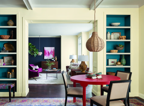 Room, Furniture, Shelf, Interior design, Shelving, Green, Turquoise, Pink, Table, Building, 