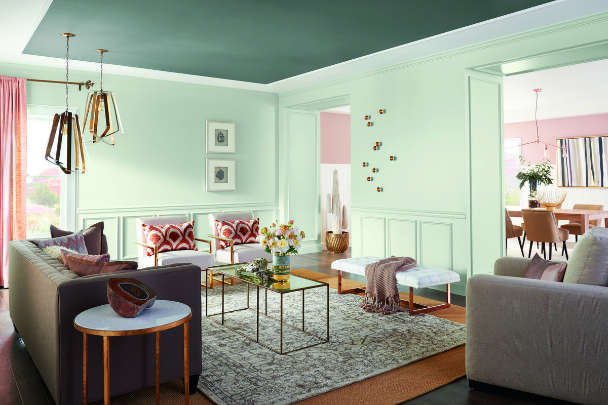Living room, Room, Interior design, Furniture, Property, Green, Building, Wall, Floor, Ceiling, 