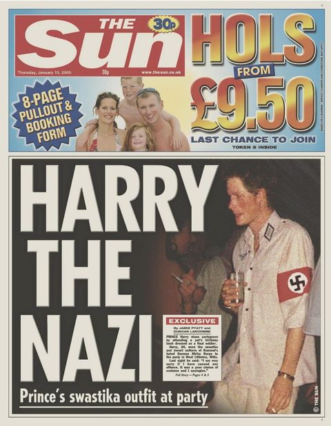 <p>For reasons best described as "WTF were you thinking?" Harry attended a circa 2005 costume wearing a Nazi uniform, and understandably experienced major backlash. The Prince ended up <a href="http://www.nytimes.com/2005/01/13/world/europe/prince-harry-apologizes-for-nazi-costume.html" target="_blank" data-tracking-id="recirc-text-link">apologizing</a>, saying "[I am] very sorry if I caused any offense or embarrassment to anyone. It was a poor choice of costume and I apologize." Meanwhile, Tony Blair's office chimed in by musing "Clearly an error was made that has been recognized by Harry, and I think it is better that this matter continues to be dealt with by [Buckingham] Palace."<span class="redactor-invisible-space" data-verified="redactor" data-redactor-tag="span" data-redactor-class="redactor-invisible-space"></span></p>