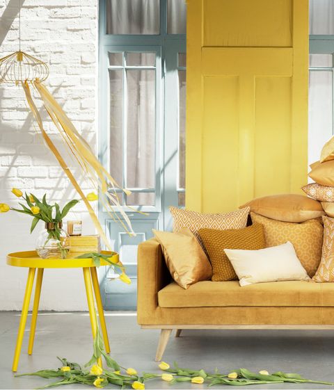 Yellow, Couch, Interior design, Living room, Door, Beige, Interior design, Sun hat, studio couch, Home, 