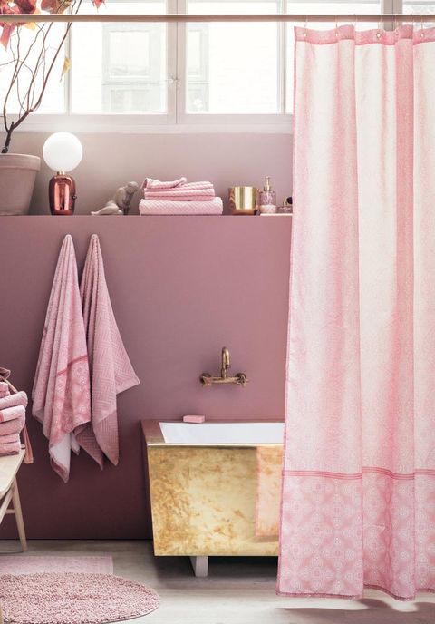 Curtain, Pink, Room, Interior design, Product, Furniture, Window treatment, Textile, Magenta, Shower curtain, 