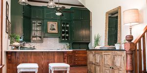 Cabinetry, Furniture, Room, Countertop, Kitchen, Property, Interior design, Green, Building, Turquoise, 