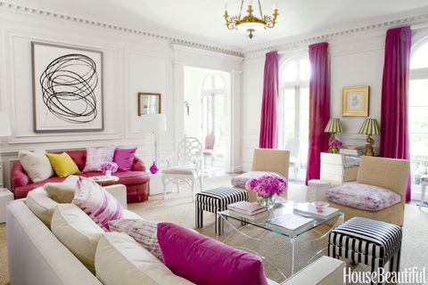 Living room, Room, Pink, Interior design, Furniture, Property, Decoration, Purple, Curtain, Ceiling, 