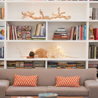 Shelving, Shelf, Bookcase, Furniture, Living room, Room, Wall, Orange, Couch, Interior design, 