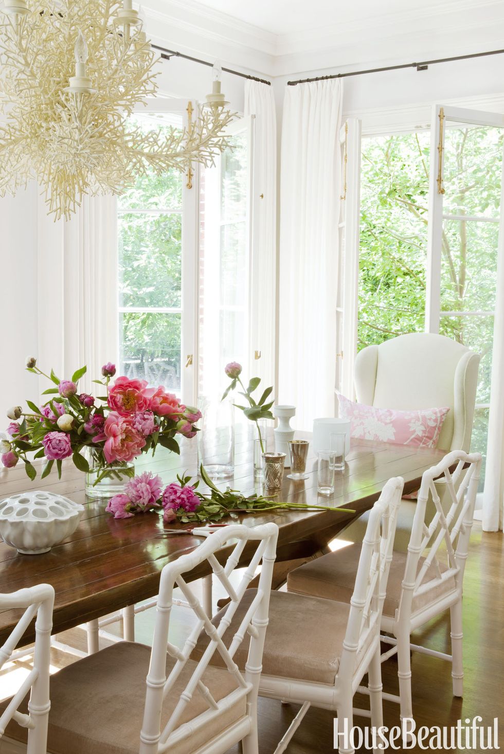 Room, Furniture, White, Dining room, Pink, Table, Interior design, Chair, Home, Curtain, 