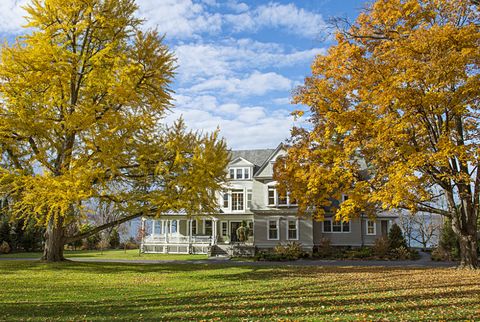 Tree, House, Yellow, Home, Property, Sky, Autumn, Leaf, Natural landscape, Woody plant, 