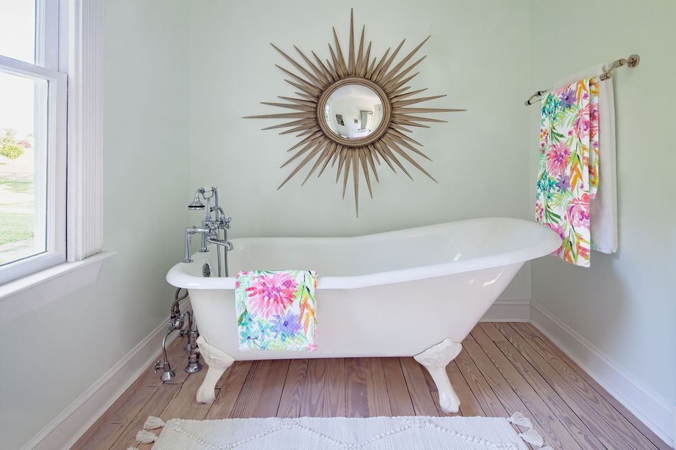 Bathroom, Room, Pink, Bathtub, Property, Product, Interior design, Wall, Floor, Yellow, 