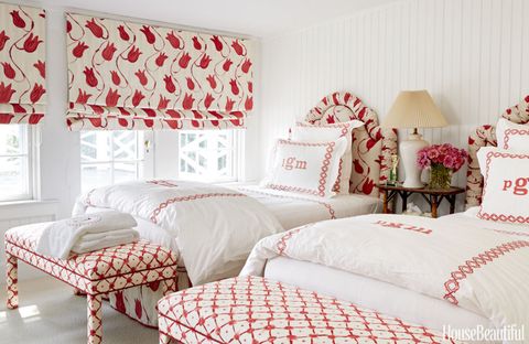 Bedroom, Furniture, Bed, Bedding, Room, Red, Interior design, Bed sheet, Curtain, Wall, 