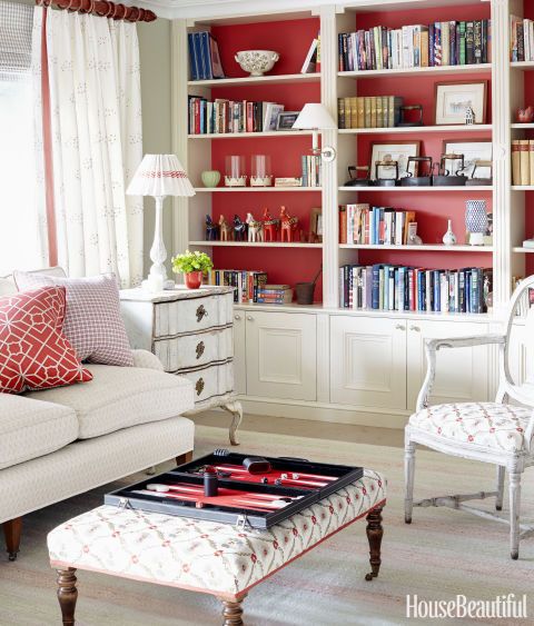 Living room, Furniture, Room, Shelf, Red, Shelving, Interior design, Bookcase, Table, Home, 