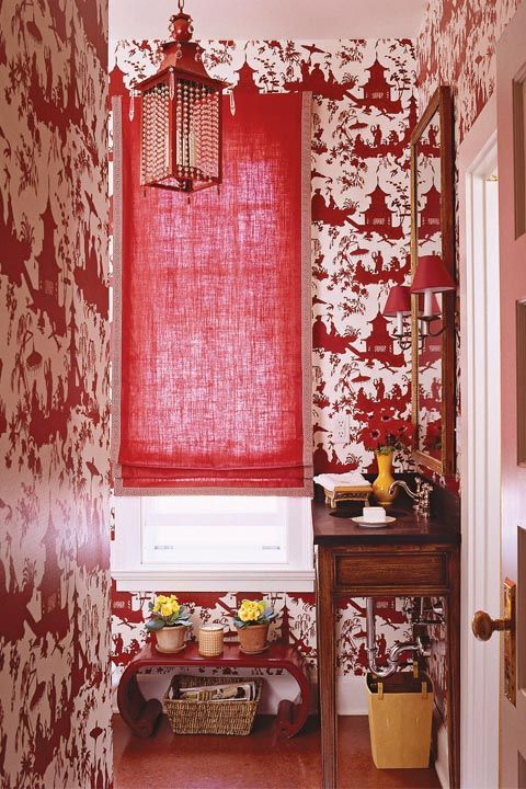 Red, Curtain, Room, Interior design, Wallpaper, Pink, Wall, Window treatment, Furniture, Window covering, 