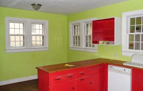 Room, Cabinetry, Furniture, Property, Countertop, Red, Kitchen, Wall, Interior design, Yellow, 
