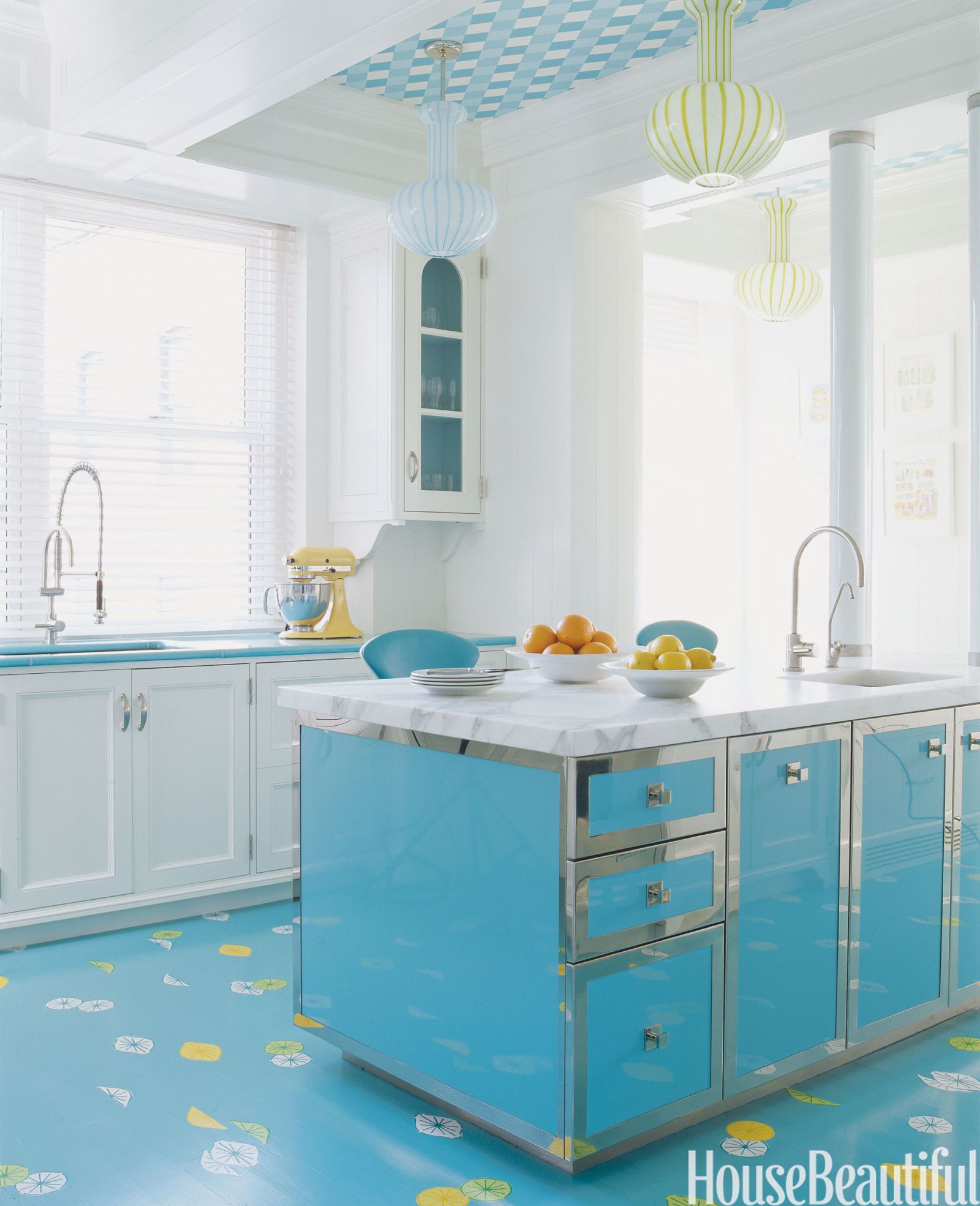 yellow kitchen walls with blue cabinets