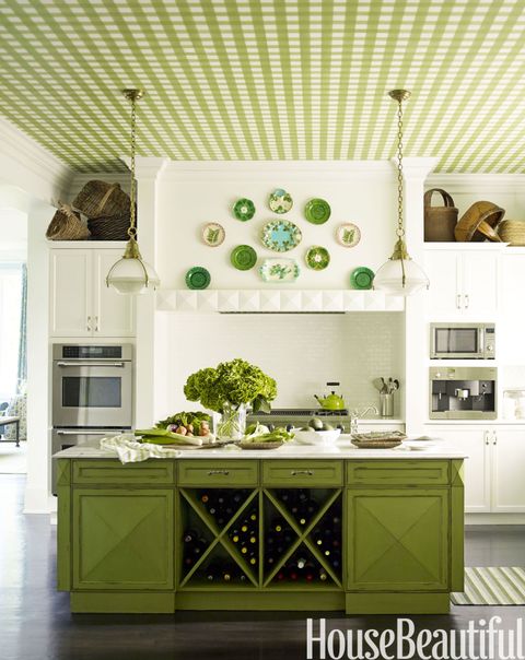 kitchen with green gingham ceiling