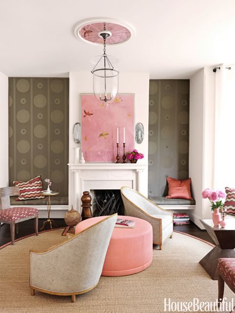 pink and brown room with fireplace