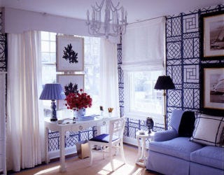 White desk and blue sofa in dressing room.