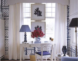 White desk and blue lamp in dressing room.