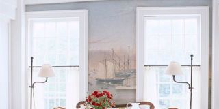 dining room with ship wallpaper