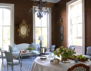 blue white and chocolate dining room