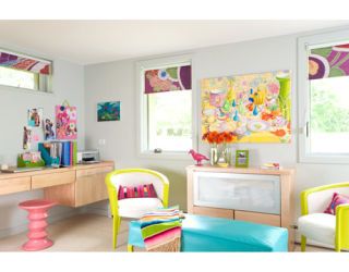 bright bedroom with colorful furniture