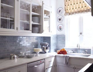 blue and white apartment kitchen