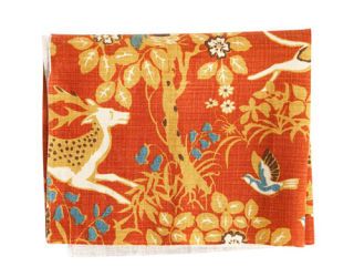 orange fabric with deer bird flowers tree inspired by the unicorn tapestries