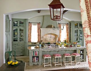 french inspired red kitchen