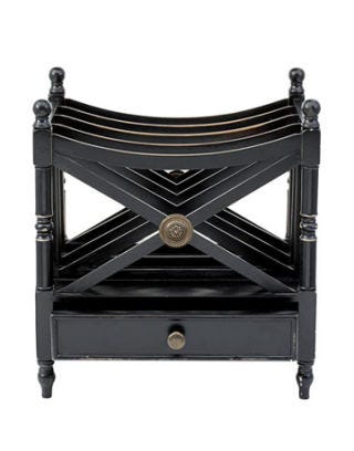 black antique looking wooden magazine rack with metal knobs