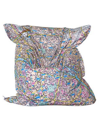 brightly colored beanbag chair with paris subway map pattern