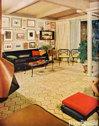 kitchen with tiles floor and black red yellow details