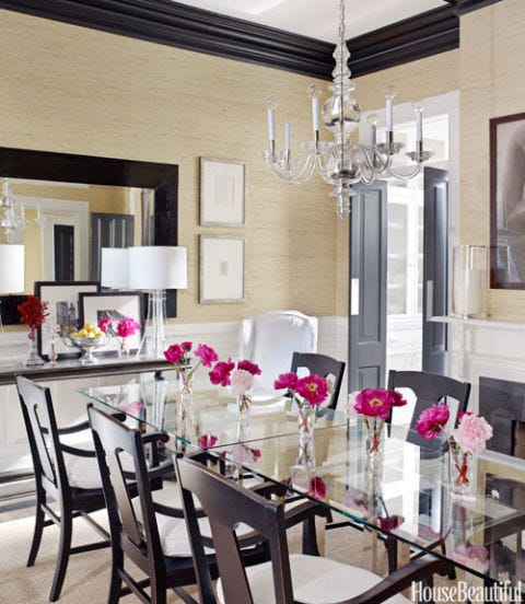 Simple Glamorous Dining Room House Beautiful Pinterest Favorite Dining Room With Grcloth Walls And A Gl Table