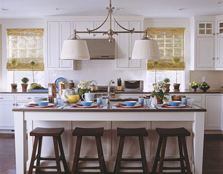 white kitchen with blue dishes featured in the june 2007 issue