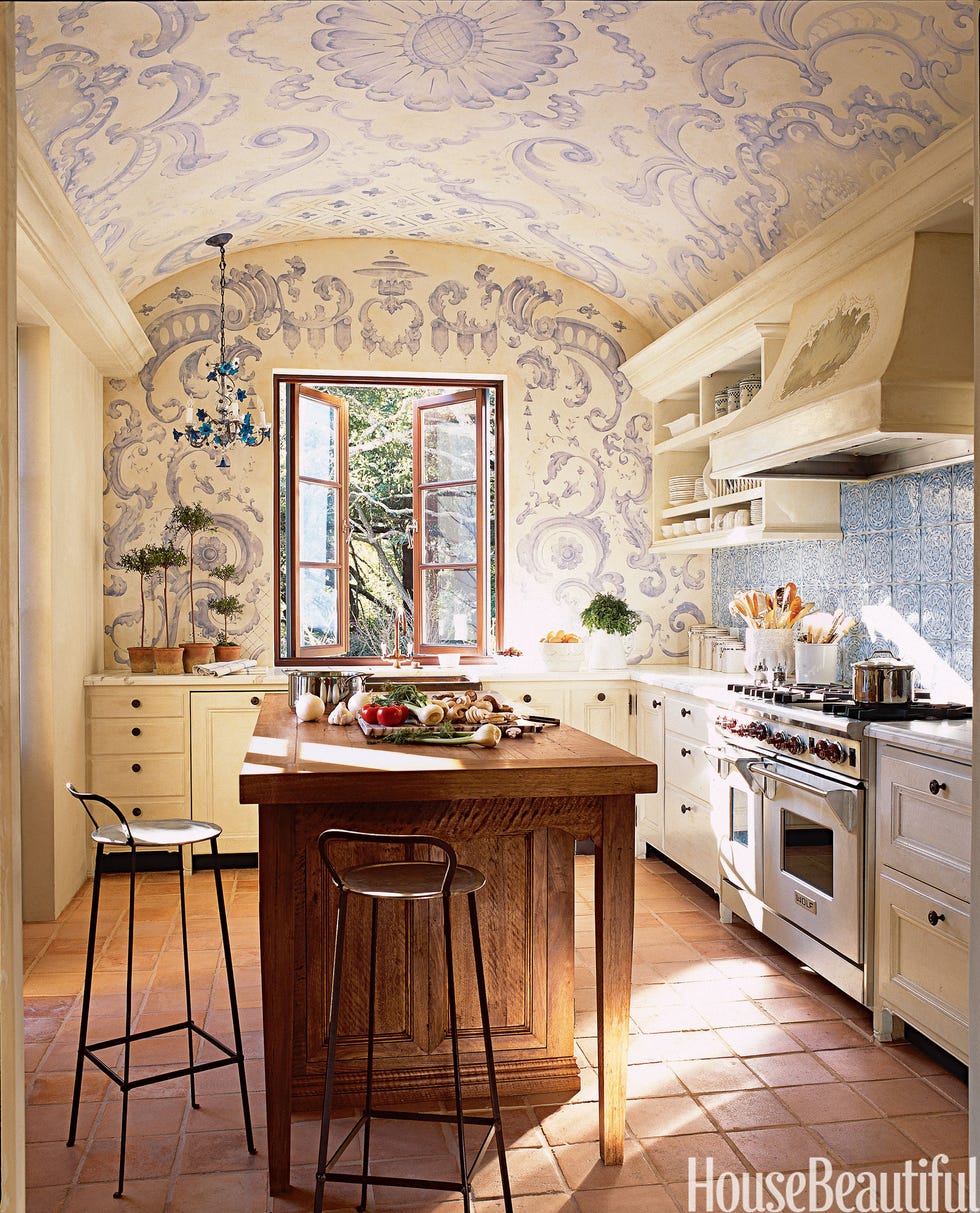 kitchen with blue and white mural