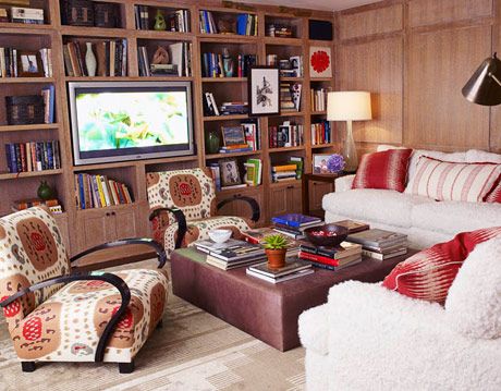 library with TV shelves and seating