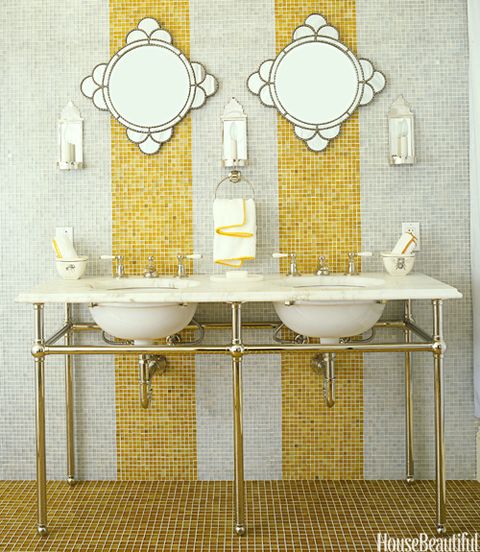 yellow and white tile bath