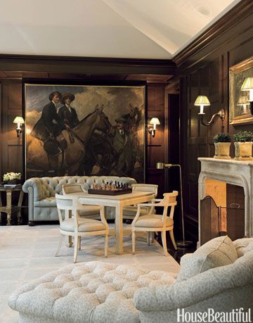 family room with equestrian painting