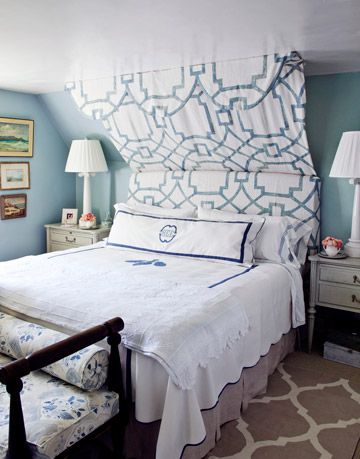 blue bedroom with white lamps and linens