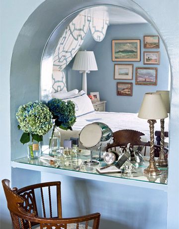 bedroom dressing table with an arched mirror
