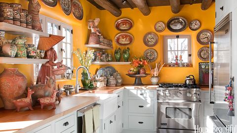 Room, Countertop, Kitchen, Property, Orange, Interior design, Furniture, Cabinetry, Yellow, Ceiling, 