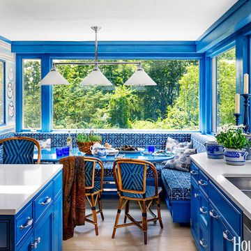 bright blue kitchen island