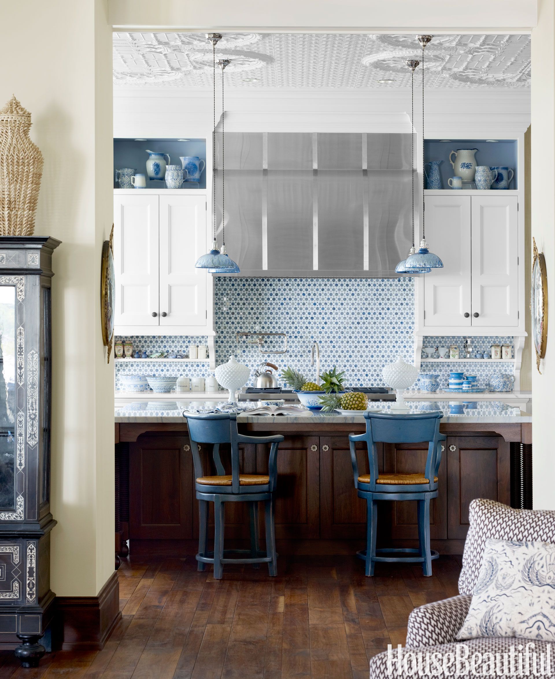 blue pendant lighting for kitchen island