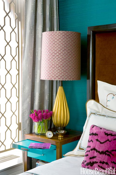 Room, Interior design, Textile, Purple, Pink, Linens, Interior design, Teal, Lamp, Magenta, 