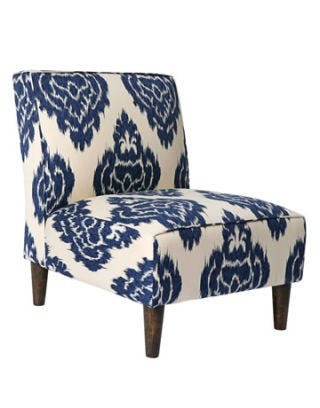 vintage-style chair with blue ikat patterened fabric