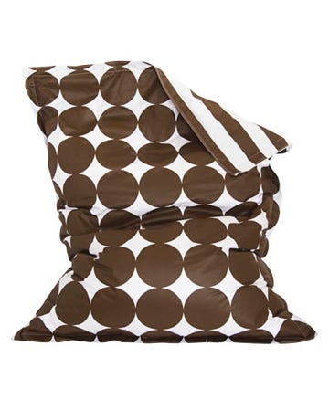 brown and white circle and stripes patterned beanbag chair